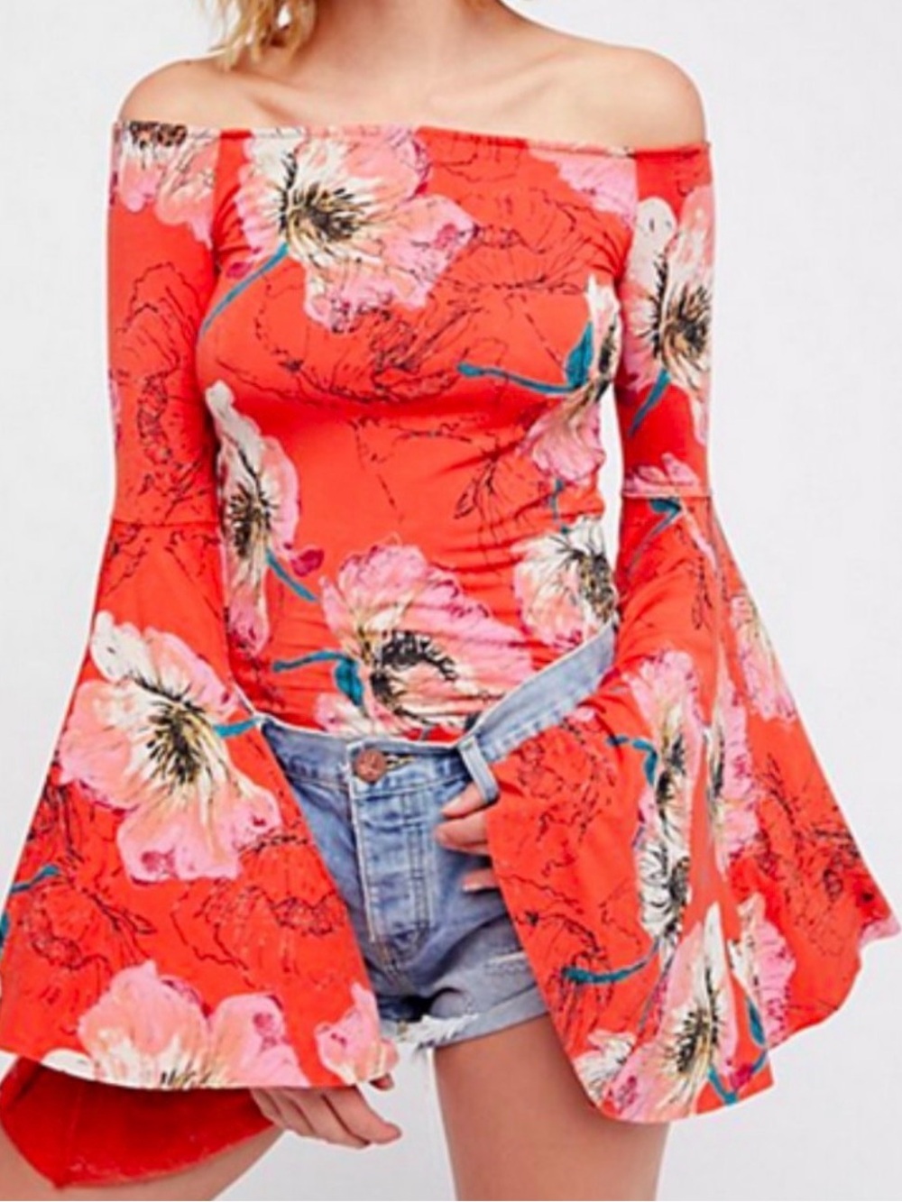 We The Free Coral Red Floral Off-Shoulder Bell Sleeve Top